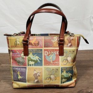 Vintage Leather Fossil Paris Poster Printed Purse Handbag